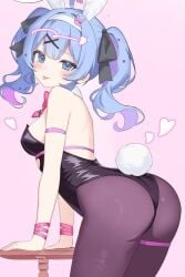 1female 1girl 1girls ass ass_focus blue_eyes blue_hair bodysuit bunny_ears bunnysuit cute female hair_ornament hairbow hatsune_miku hearts_in_hair leaning_on_object leaning_on_table looking_at_viewer looking_back rabbit_hole_(vocaloid) ruushe0416 sole_female table tagme thigh_strap tongue tongue_out twintails twintails_(hairstyle) vocaloid