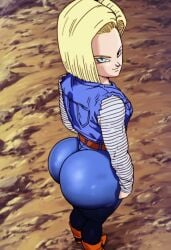 ai_generated android android_18 ass ass_focus big_ass big_butt black_skirt blonde_female blonde_hair blue_eyes denim denim_clothing denim_jacket denim_jeans denim_skirt dragon_ball dragon_ball_z dumptruck_ass dumptruck_butt fat_ass fat_butt female female_only red_ribbon_army_symbol zeca997