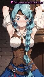 1girls ai_generated anime anime_style aqua_eyes aqua_hair armpits arms_behind_head arms_up bare_shoulders blouse blue_bow blue_eyes blue_hair blue_skirt blush bow braid braided_ponytail breasts brick_wall brown_gloves bust busty closed_mouth collarbone corset cowboy_shot detached_sleeves female female_focus female_only gloves hair_over_shoulder hairbow harness headband indoors long_hair looking_at_viewer looking_away looking_to_the_side medium_breasts mirror natsuyoru nose_blush o-ring parted_bangs puffy_short_sleeves puffy_sleeves reflection shirt short_sleeves single_braid skirt sleeveless sleeveless_shirt solo solo_female standing tate_no_yuusha_no_nariagari the_rising_of_the_shield_hero therese_alexanderite underbust upper_body very_long_hair voluptuous voluptuous_female white_shirt