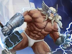 1boy bara barazoku beard chest_hair cum facial_hair light-skinned_male light_skin male marvel marvel_rivals muscular muscular_male solo solo_male thor_(marvel) underwear white_hair xuwy