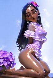 1girls ai_generated black_hair brown_eyes dark-skinned_female dark_hair dark_skin disney disney_princess encanto female human isabela_madrigal latina long_hair looking_at_viewer solo sweat sweating tagme