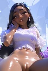 ai_generated black_hair brown_body clothing dark-skinned_female dark_skin disney encanto isabela_madrigal latina pussy solo sweatdrop tagme teenager