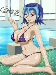 1girls abdomen bikini blue_hair female female_only huge_breasts kamishiro_rio large_breasts legart355 looking_at_viewer navel one_hand_up open_mouth pool red_eyes rio_kamishiro short_hair smile solo yu-gi-oh! yu-gi-oh!_zexal