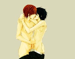 2boys artist_request ass ass_grab cum death_note gay handjob human kissing l_lawliet light_yagami male male_only multiple_boys penis red_hair tongue topless yaoi