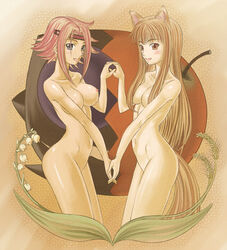 2girls animal_ears apple bare_shoulders blue_eyes blush breasts brown_hair code_geass crossover female female_only flower food fruit hand_holding headband holding_hands holo kallen_stadtfeld long_hair looking_at_viewer medium_breasts midriff multiple_girls nipples nude orange_eyes orange_hair pink_hair red_hair short_hair sleeveless sleeveless_turtleneck spice_and_wolf tail tonbidou turtleneck voice_actor_connection wolf_ears zero_(code_geass)