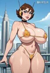 1girls ai_generated areolae bikini blue_eyes bra ecchi erect_nipples janet_van_dyne kyato_ai panties short_hair solo standing thick_thighs thighs wasp_(earth's_mightiest_heroes) watermark