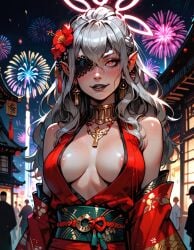 ai_generated areola_slip black_lips black_lipstick boob_window earrings embla_(fire_emblem) eye_patch feh_(fire_emblem_heroes) fireworks hair_flower kimono manofmidas necklace new_year red_eyes white_hair