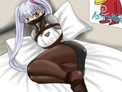 arms_behind_back artist_request bed bondage bound bound_ankles gag gagged long_hair martian_successor_nadesico miniskirt on_bed over_the_mouth_gag over_the_nose_gag panties pantyhose ruri_hoshino small_breasts tied_hair twintails underwear white_hair yellow_eyes