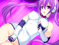 1girls bare_shoulders beatmania beatmania_iidx bottomless breasts female gloves groping headphones kinoshita_ichi masturbation mizushiro_celica open_mouth purple_eyes purple_hair pussy_juice tied_hair twintails wet