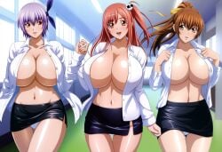 3girls accurate_art_style ai_generated alluring auburn_hair ayane_(doa) big_breasts brown_eyes cleavage dead_or_alive dead_or_alive_2 dead_or_alive_3 dead_or_alive_4 dead_or_alive_5 dead_or_alive_6 dead_or_alive_xtreme dead_or_alive_xtreme_2 dead_or_alive_xtreme_3 dead_or_alive_xtreme_3_fortune dead_or_alive_xtreme_beach_volleyball dead_or_alive_xtreme_venus_vacation doasuki honoka_(doa) kasumi_(doa) kunoichi lavender_hair magenta_eyes open_shirt panties pin_up pink_hair ponytail short_hair silf silfs sisters skirt tecmo