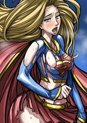 ass blonde_hair blue_eyes blush breasts breath cape dc_comics erect_nipples female itagayui kara_danvers long_hair midriff miniskirt nipples open_mouth skirt solo supergirl superhero superhero_costume superheroine superman_(series) sweat torn_clothes warainaku