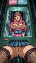 ai_generated arabian arabian_female arcade arcade_machine forced forced_orgasm forced_sex hijab hijabi looking_at_viewer muslim muslim_female prostitute prostitution raped_female restrained skirt stuck stuck_in_object vending_machine