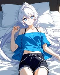 bare_shoulders blue_shirt casual honkai_(series) honkai_impact_3rd kiana_kaslana looking_at_viewer shorts star_shaped_pupils