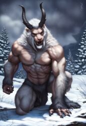 1boy 2024 abs ai_generated anthro avaru black_nipples claws fur horns humanoid male male_only mammal muscular nipples snow tufted_fur white_body white_fur winter yeti