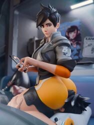 1futa 1girls 3d 3d_(artwork) ass big_ass black_hair blizzard_entertainment bodysuit brown_hair bubble_butt bulge bulge_through_clothing duo evil_twin facesitting female futanari overwatch rhywlad selfcest short_hair skin_tight smartphone tracer