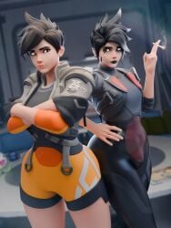 1futa 1girls 3d black_hair blizzard_entertainment bodysuit brown_hair bulge bulge_through_clothing cigarette duo evil_twin eyeshadow female futanari hand_on_hip mirrorwatch operative_oxton overwatch overwatch_2 red_eyes rhywlad selfcest short_hair skin_tight smoking tracer