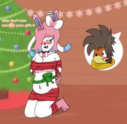 absurd_res ambiguous_gender anthro bedroom_eyes belly blush bodily_fluids bondage bound buizel bulge christmas christmas_tree duo ear_piercing ear_tag eeveelution fang_(hupla21) generation_4_pokemon generation_6_pokemon hi_res holidays hupla21 male narrowed_eyes navel nintendo nude piercing pixie_(hupla21) plant pokemon pokemon_(species) ribbon_bondage ribbons seductive signature sweat sylveon text tree