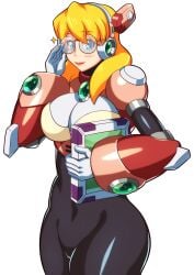 1girls alia big_breasts black_bodysuit blonde_hair blue_eyes blush glasses hand_on_glasses kotatuman_dash long_hair mega_man mega_man_x red_lipstick white_background white_gloves