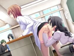 2boys 3girls ass ayakawa_haruki being_watched bent_over black_hair black_socks blue_eyes breasts brown_hair censored cg circle_hitori classroom closed_eyes clothed clothed_sex clothing cunnilingus erect_nipples exhibitionism female female_with_female femdom femsub from_behind fujinomori_shiho game_cg labcoat large_ass large_breasts long_hair male male_with_female male_with_male more_revealing_backside nipple_bulge nipples open_mouth oral panties panty_pull pink_panties public public_oral public_sex pussy pussy_juice pussy_juice_trail school sex short_hair skirt skirt_lift socks soushin_jutsu_3 soushinjutsu_3 squat squatting stealth_oral stealth_sex stockings teacher thigh_socks thighhighs underwear unknowing_bystander white_socks yuri