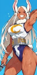 1girls ai_generated armpits arms_up big big_ass big_breasts blonde_hair breasts dark-skinned_female dark_skin femdom looking_at_viewer mirko miruko muscular muscular_female my_hero_academia rabbit_ears rabbit_tail smile solo solo_female sweat thick_thighs thighs usagiyama_rumi white_hair