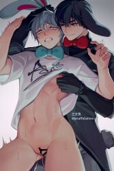 1boy 1cuntboy 2boys alien_stage animal_ears artist_name black_eyes black_gloves black_hair bottomless_male bunny_boy bunny_ears bunny_tail censored cuntboy cuntboy/male drool grabbing_ears green_bowtie grey_hair ivan_(alien_stage) nipple_stimulation pinching_nipple rabbit_boy rabbit_ears rabbit_tail red_bowtie red_pupils salmon_(657931354) till_(alien_stage) white_shirt