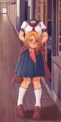 blonde_hair blush detachable_head detached_head dullahan gammatelier holding_head indoors monophallia more_at_source mostly_clothed original_character penis penis_neck precum pussy pussy_juice pussy_neck sailor_uniform uncensored unusual_genitalia_placement unusual_penis_placement unusual_pussy_placement what