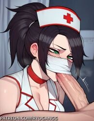 1female 1girls 2d 2d_(artwork) ai_generated akali ass ass_focus big_ass big_breasts big_butt blowjob blowjob_face blowjob_with_facemask green_eyes large_breasts league_of_legends mask masked masked_female miniskirt mouth_mask nurse nurse_cap nurse_clothing nurse_uniform patreon patreon_username riot_games ryogangg upskirt