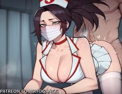 1female 1girls 2d 2d_(artwork) ai_generated akali ass ass_focus big_ass big_breasts big_butt cleavage eyes_rolling_back fucked_from_behind fucking green_eyes large_breasts league_of_legends mask masked masked_female miniskirt mouth_mask nurse nurse_cap nurse_clothing nurse_uniform patreon patreon_username riot_games ryogangg sex sex_from_behind