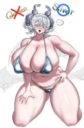 1girls alternate_version_available areolae bikini blush demon demon_girl demon_horns earrings exabyte female hi_res horny huge_breasts konami labrynth_of_the_silver_castle large_breasts looking_at_another lovely_labrynth_of_the_silver_castle milf navel open_mouth parallax05 princess smile solo sweatdrop thighhighs thighs twintails voluptuous white_background wings yu-gi-oh!