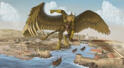 4_toes 5_fingers abs altairxxx anthro avian balls beak biceps brown_body building building_destruction carpo city city_destruction cityscape claws destruction erection extreme_size_difference feathered_wings feathers feet finger_claws fingers genitals gryphon hi_res historical house humanoid_genitalia humanoid_penis landscape_dwarfing macro macro_anthro macro_male male muscular muscular_anthro muscular_male mythological_avian mythological_creature mythology nude outside pawpads paws pecs penis pyronite(commissioner) rampage sea ship size_difference sky smile solo tail toe_claws toes vehicle vehicle_destruction warship water watercraft wings