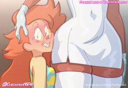2girls blush cartoon_network chickpea color dark-skinned_female doctor female female_only glasses gloves labcoat looking_at_viewer martha_barriga mature_female medical_gloves milf old_woman priyanka_maheswaran sfw smile standing steven_universe thigh_squish thighhighs yuri