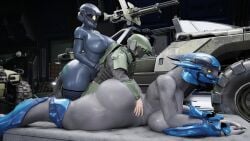 3d_(artwork) absurd_res alien areola armor ass big_breasts big_butt breast_squish breasts clothing digital_media_(artwork) female footwear from_behind_position genitals grey_body group guimontag gun halo_(series) headgear helmet hi_res high_heels hip_grab huge_breasts huge_butt huge_hips huge_thighs human interspecies larger_female legwear looking_at_viewer lying male male/female mammal mattress microsoft nipples nude on_front prone_bone_position pussy ranged_weapon rear_view sangheili sex shoes size_difference smaller_human smaller_male spartan_(halo) squish thick_thighs thigh_highs topwear trio vehicle warthog_vehicle_(halo) weapon wide_hips xbox_game_studios xenophilia