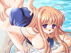 1boy 1girls bent_over chinjao_roosu clothed_sex cum doggystyle fujimoto_mihane game_cg haa_haa_telepath hetero long_hair nipples one-piece_swimsuit partially_submerged pool purple_eyes school_swimsuit sex sex_from_behind swimsuit vaginal water