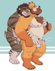2019 adios anthro balls bear beard blush bodily_fluids body_hair chest_hair closed_eyes cum duo eyewear facial_hair fangs felid genital_fluids genitals glasses grabbing_pec half-closed_eyes hi_res hot_dogging humanoid_genitalia humanoid_penis looking_at_another male male/male mammal muscular muscular_anthro muscular_male narrowed_eyes orgasm overweight overweight_anthro overweight_male pawpads penis prehistoric_species rich_(frozenbeaw) roantiger saber-toothed_tiger sex simultaneous_orgasms standing teeth