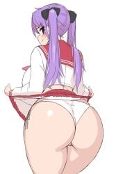 1girls ass ass ass_focus big_ass blush bow bubble_butt cowboy_shot dat_ass female from_behind huge_ass kagami_hiiragi lifting_skirt long_hair looking_at_viewer looking_back lucky_star mo3jisan panties presenting_hindquarters purple_hair simple_background skirt solo standing tagme thick_thighs thighs underwear