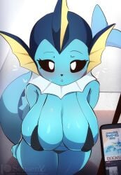 absurd_res anthro bikini biped black_sclera blue_body blue_tail blush breasts clothing eeveelution eyebrows eyelashes female generation_1_pokemon hi_res looking_at_viewer multicolored_body nintendo pokemon pokemon_(species) pokemorph sensen solo standing swimwear tail text two-piece_swimsuit vaporeon white_body white_eyes yellow_body