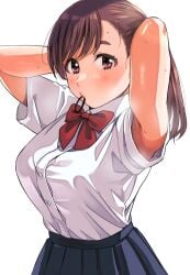 armpits blue_skirt blush breasts brown_hair commentary_request female hair_tie highres large_breasts looking_at_viewer mouth_hold neck_ribbon nobukuni_nodoka pleated_skirt red_ribbon ribbon school_uniform shirt shirt_tucked_in short_sleeves simple_background skirt solo sweat sweaty_armpits swept_bangs tonari_no_nobukuni-san_wa_ore_no_koto_ga_suki_na_ki_ga_suru tying_hair upper_body white_background white_shirt yasuda_kousuke