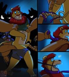 2025 4_panel_comic animal_mask anthro applying_chastity_device balls barazoku barefoot belly_hair biceps body_hair bondage bondage bottomwear bound canid canine canis chastity_cage chastity_device chest_hair clothing collar danyredlion domestic_dog dominant erection feet felid flaccid foreskin gag gagged gangbang genitals group group_sex hair hairy hands_tied hands_tied_behind_back hi_res leash leash_pull lion male male/male mammal mane mask musclegut muscular nipples nude pantherine pecs penis pubes pup_mask red_hair ring_gag sex shirt shorts submissive surprise surprised_expression topwear triceps undressing undressing_another wearing_mask wide_eyed