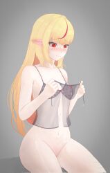 1girls 2d 2d_(artwork) alternate_costume blonde_hair blush breasts fanart fanart_from_twitter female female_focus female_only front_view grey_background high_resolution highres holding_thong idol_corp idol_es keptnis latam_virtual_youtuber light-skinned_female light_skin long_hair looking_down pointy_ears pussy red_eyes red_hair revealing_clothes ruby_runeheart simple_background sitting slim_girl small_breasts smiling solo solo_female solo_focus thong two_tone_hair virtual_youtuber vtuber vtuberfanart young younger_female