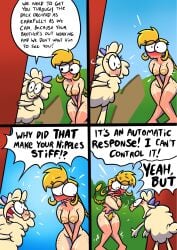 anthro areola ass big_areola big_breasts big_nipples blush bovid breasts caprine duo embarrassed english_text erect_nipples erection female female/female freckled_butt freckled_face freckled_shoulders freckles hair hi_res mammal nipples ponytail pubes sheep suntan tan_line text theenfman
