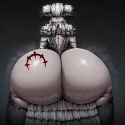 ai_generated blood_drip branding darkest_dungeon edited grey_skin hyper_ass insect_humanoid iron_crown marking massive_ass round_ass vampire
