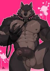 5_fingers abs anthro balls biceps canid canine canis collar digital_drawing_(artwork) digital_media_(artwork) erection eyebrows fingers foreskin genitals glans hi_res leash looking_at_viewer male mammal muscular muscular_male navel nipples pecs penis radcanine solo wolf