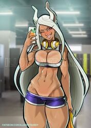 1girls athletic athletic_female big_breasts boku_no_hero_academia breasts bunny_ears clothed dark-skinned_female female gym headphones holding holding_object holding_phone illuxxxtrandy large_breasts midriff mirko mirror_selfie miruko muscular muscular_female my_hero_academia pubic_hair_peek rumi_usagiyama selfie solo solo_female sweaty sweaty_body winking_at_viewer