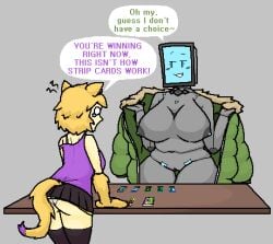 2girls areolae ass blonde_hair blox_cards blush blush_lines breasts caitlin_nixon card card_game cards cat_ears cat_girl cat_tail catgirl dialogue feline female female/female female_only fl00fy_bonez nipples panties pixel_art roblox roblox_game robot robot_girl screen_face sivuralbrother skirt speech_bubble table tagme tail taking_clothes_off taking_off_jacket text text_bubble thighhighs