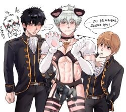 3boys alternate_costume black_hair blush brown_eyes censored collar dog_boy dog_ears elbow_gloves embarrassed fake_animal_ears gay gintama gintoki_sakata hijikata_toshiro korean_text male male_only muscular muscular_male nipple_cutout nipple_piercing nosebleed object_between_breasts oiiiioioioiio okita_sougo paw_gloves pecs pectoral_cleavage shinsengumi_(gintama) striped_legwear sweatdrop thighhighs tosshi_(gintama) white_gloves white_hair yaoi