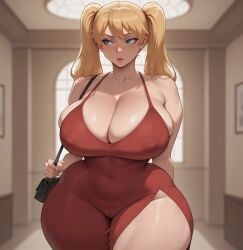 ai_generated bare_thighs blonde_hair blue_eyes gigantic_breasts huge_breasts huge_thighs light-skinned_female light_skin massive_breasts oc red_dress smogai solo_female squatting sweat sweatdrop thick_body thick_female thick_thighs thighs twintails voluptuous voluptuous_female