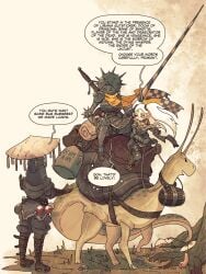 2024 3:4 ambiguous_gender antennae_(anatomy) armor barrel big_breasts boots breasts brown_boots brown_clothing brown_footwear brown_gloves brown_handwear clothed clothed_female clothing collar dialogue dwarf english_text female feral footwear gastropod gastropod_shell gloves group hair handwear heart_symbol hi_res human knight lance mammal melee_weapon mollusk mollusk_shell phallic_plant polearm quadruped rapscallion riding saddle scarf shell shoes slug speech_bubble sword sword_on_back tail text waddledog warrior weapon wearing_hat wearing_helmet white_hair