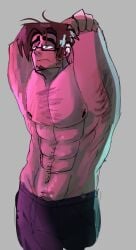 abs bara bored bored_expression brown_eyes brown_hair brown_hair_male facial_hair far_fetched far_fetched_show flexing gay glasses goatee half-dressed himbo male male_only muscles muscular muscular_arms muscular_legs muscular_pecs pecs pectorals shirtless stretching sweatpants warren_webber warren_webber_(far_fetched) yaoi