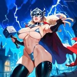1girls 2d ai_generated big_breasts bikini electricity female female_focus female_only hammer helmet highleg jane_foster marvel marvel_comics mjolnir solo solo_female solo_focus sparks tagme thighhighs thor_(marvel)