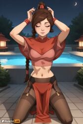 1girls ai_generated arms_up artist_name avatar_legends avatar_the_last_airbender black_pantyhose braid braided_ponytail breasts brown_hair cameltoe closed_eyes closed_mouth crescent_moon crop_top facing_viewer hi_res kneeling lips long_hair medium_breasts midriff moon navel nickelodeon nicktoons night night_sky outdoors pantyhose pelvic_curtain red_footwear rule34lab short_sleeves single_braid sky solo thighband_pantyhose ty_lee water